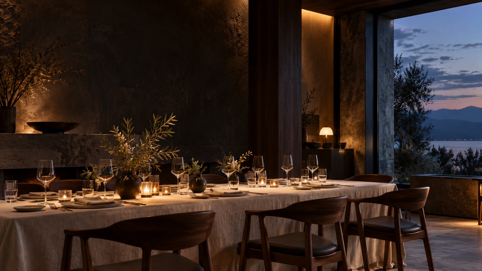 An elegant restaurant, softly lit and set for evening service